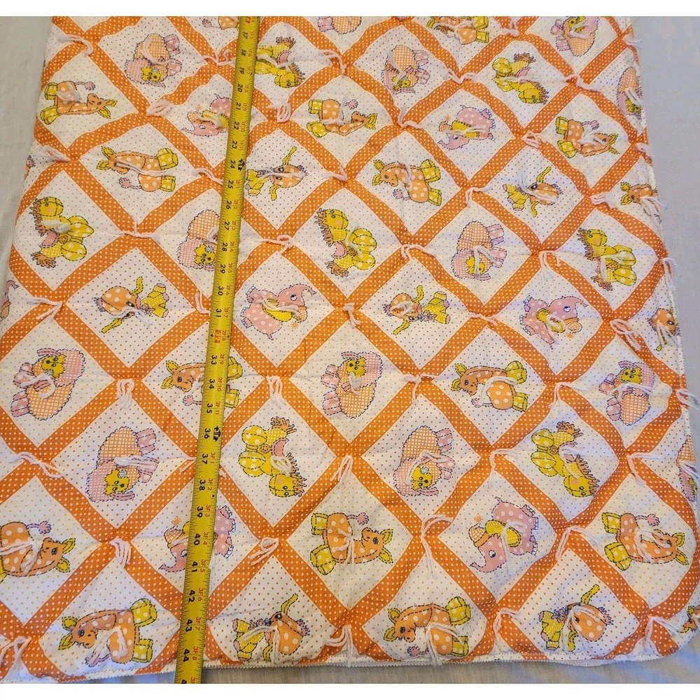 Vtg 70s Handmade Tied Baby Crib Quilt Animals & Polka Dots Orange Mod Nursery